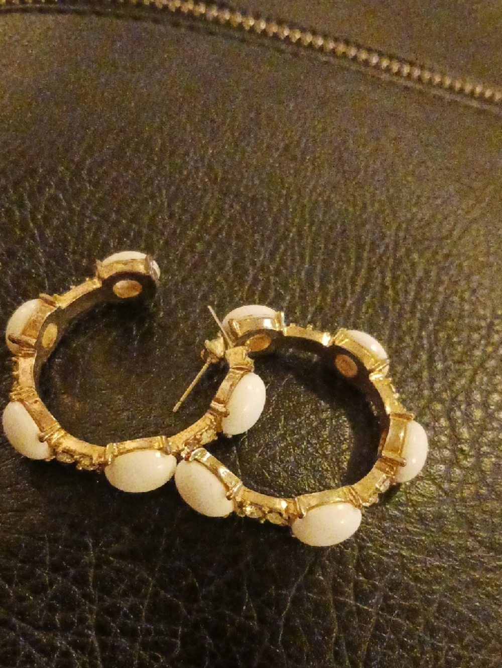 Gold Hoop Earrings with White Cabochon Accents - Women Jewelry